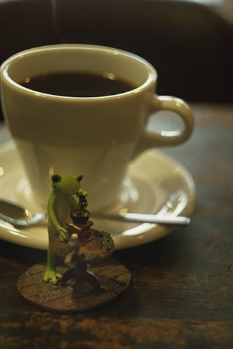ツバキアキラが撮ったカエルのコポー。カフェでのんびりコーヒータイム。