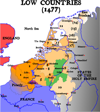 1477年におけるネーデルラント17州の地図