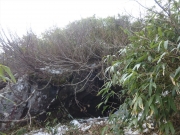 大石の前に草刈機が放置され脇に残雪